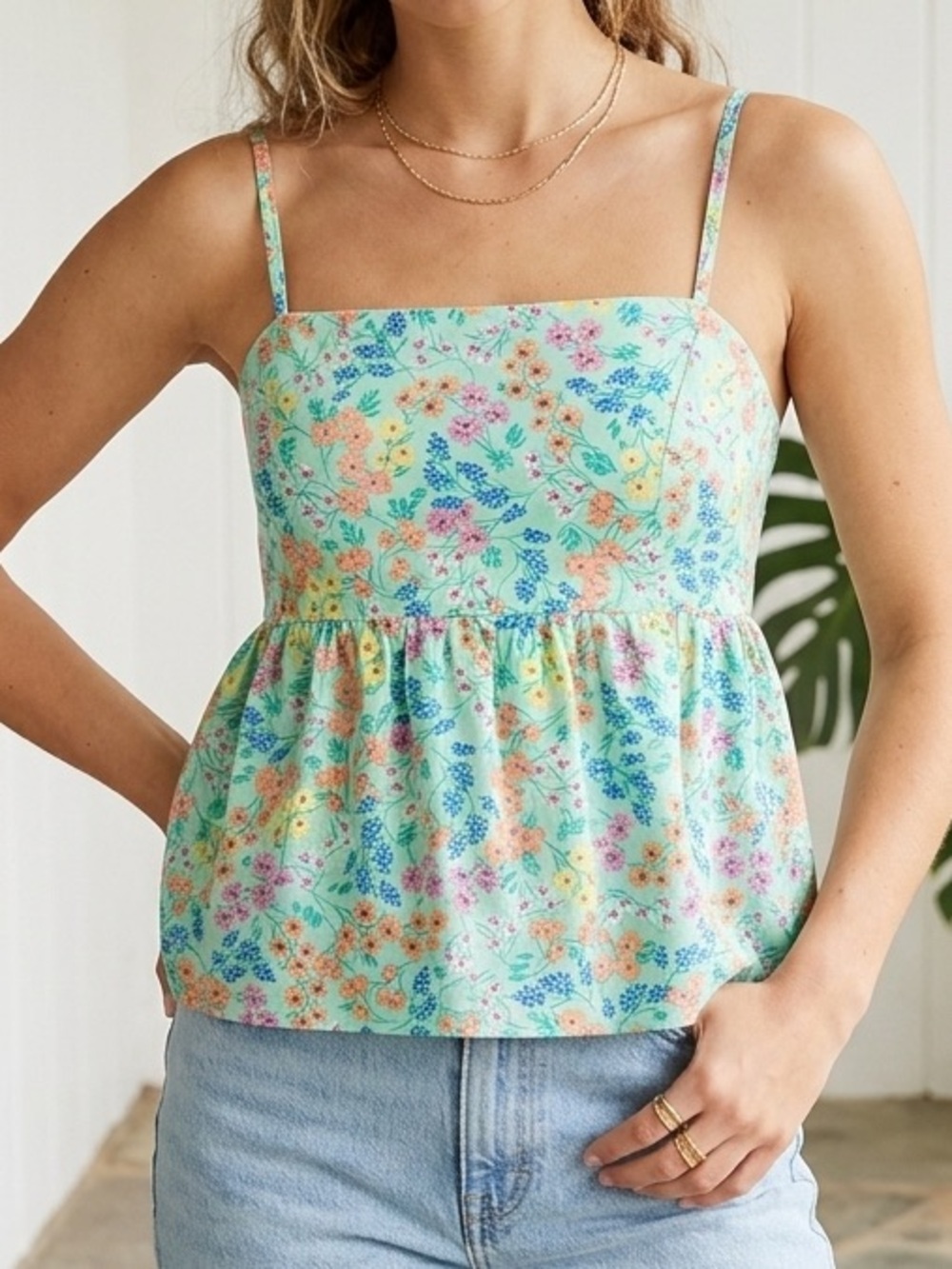 J. Crew Mint Green Floral Sundress Top with Coral Accents